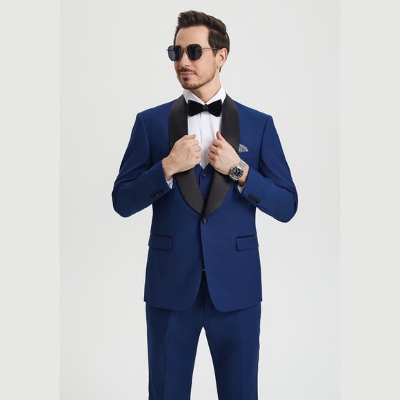 Stacy Adams 3pc Mens Tuxedo Hybrid Fit Shawl Lapel, Blue - Picture 2 of 5